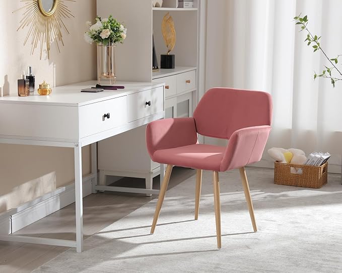 KCC Small Modern Dining Room Arm Chairs 1 Piece, Mid-Century Upholstered Velvet Side Seat Club Guest with Metal Tube Legs for Kitchen, Living Room, Rose