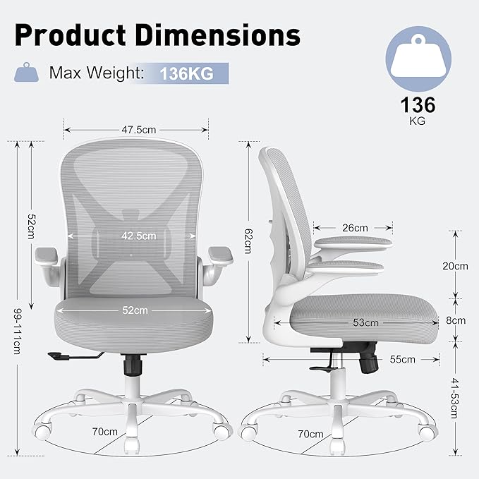 Mesh Office Chair with Adjustable Lumbar Support and Flip-up Arms, Ergonomic Home Office Desk Chair with Wheels, Grey