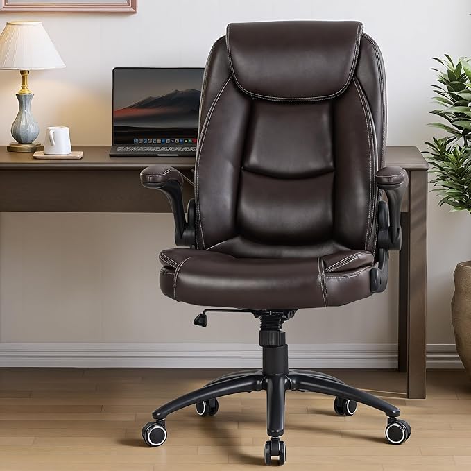 Ergonomic PU Leather Office Chair with Flip-Up Armrests & Reclining Backrest, 300lbs Thick Padded Seat Executive Desk Chair-Adjustable Height & Tilt Tension, Brown