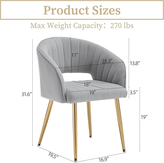 Westice Velvet Home Office Desk Chair Set of 1, Modern Tufted Vanity Chairs with Gold Metal Legs, Upholstered Accent Armchair for Living Room Restaurant, Light Grey