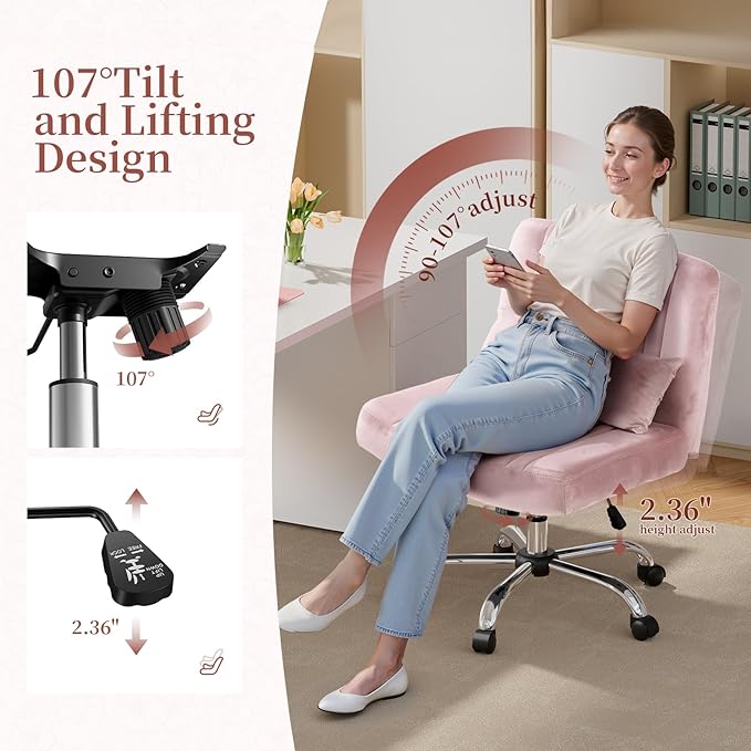 Velvet Criss Cross Chair with Wheels, Luxury Cross Legged Office Chair, Comfy Desk Chair for Home Office, Wide Seat Computer Chair, Armless Vanity Chair, Birthday Gift for Girls & Women, Pink