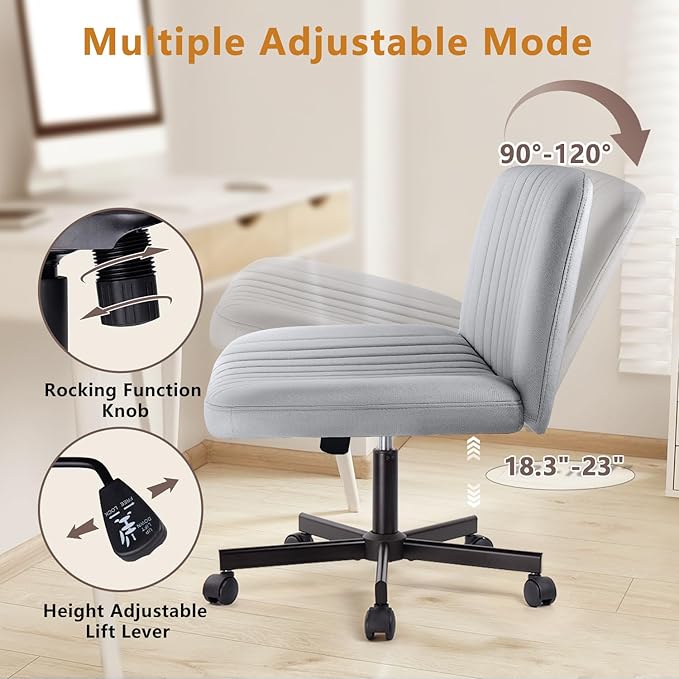 Criss Cross Chair with Wheels, Cross Legged Office Vanity Chair with Wheels, Comfortable Grey Vanity Chair with Back, Grey Fabric Armless Wide Swivel Criss Cross Desk Chair for Home Office