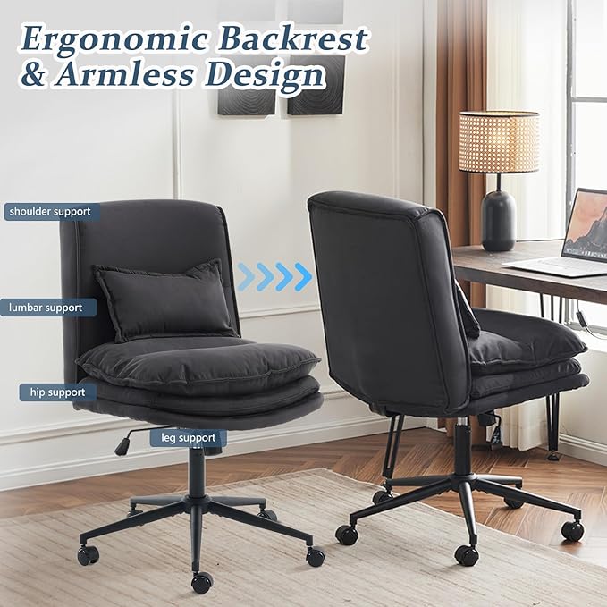 VINGLI Cloud Criss Cross Legged Chair,18" High Back Armless Home Office Desk Chair with Wheels,Wide Adjustable Comfy Padded Seat Task Computer Chair,Modern Swivel Makeup Vanity Chair,Microfiber,Black