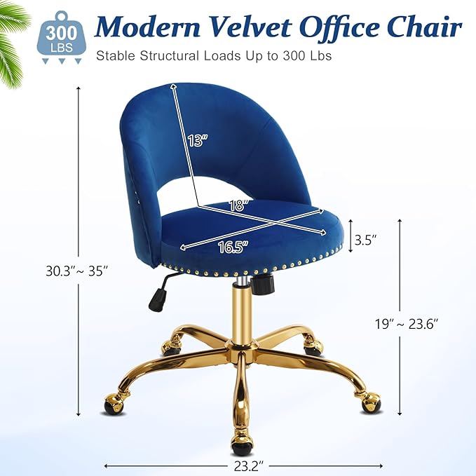 VINGLI Modern Velvet Small Office Chair,Cute Desk Chair with Wheels,Gold Base/Studs, Comfy Armless Swivel Vanity Task Chair for Women/Girl/Kids, Nail Tech Chair for Bedroom,Small Space,Navy Blue