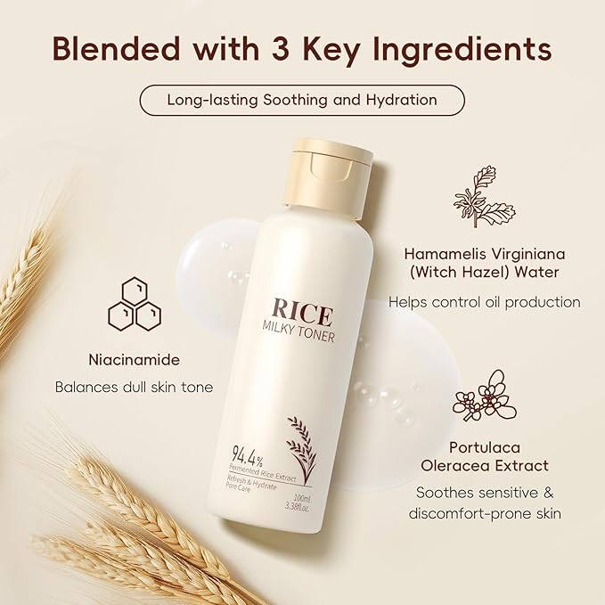 100ml Rice Toner for Skin Care, Contains 94.4% Fermented Rice Extract, Lightweight & Moisturizer Face Toner