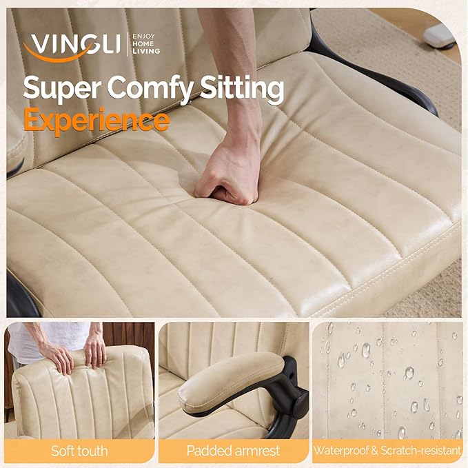 VINGLI Criss Cross Chair with Adjustable Flip-Up Arms,Cross Legged Chair with Wheels, Extra Wide Office Chair,Comfortable Desk Chair for Home Office, Vanity, Bedroom, PU Leather,Ivory White