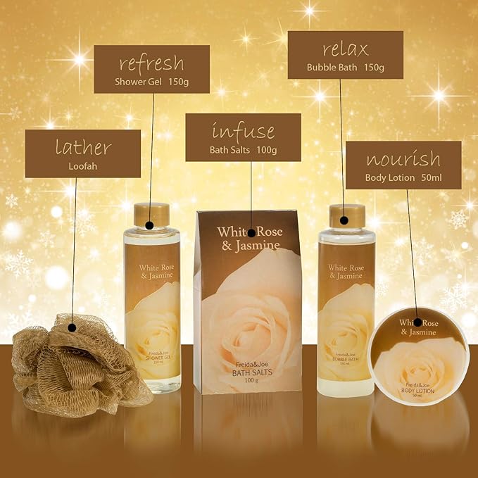 White Rose Jasmine Spa Set For Women in Elegant Gold Tub Includes Shower Gel, Bubble Bath, Body Lotion, Jasmine Bath Salt, Pouf, Award Winning Bath Body Set Gift – Mother's Day Gift for Mom