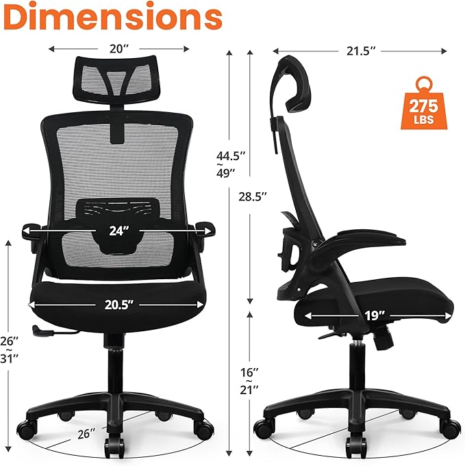 NEO Chair Ergonomic Office Desk Chair High Back Computer Gaming Mesh Chair with Comfy Task Adjustable Arms Lumbar Support Headrest Swivel for Home Office (Black)