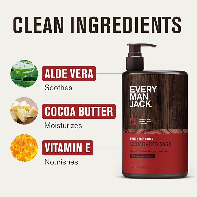 Every Man Jack Mens Cedar + Red Sage Hand & Body Lotion for All Skin Types - Dermatologist Tested & Hypoallergenic - Nourish Skin with Lightweight Fast Absorbing Lotion - 13.5oz (2 Pack)