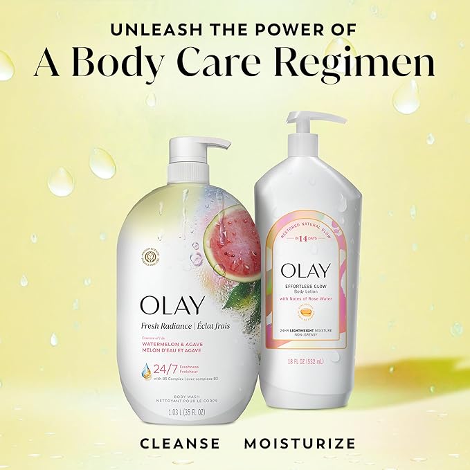 Olay Body Wash for Women, Fresh Radiance, 24/7 Skin-Loving Freshness, Visibly Radiant, Plant Based Cleansers, Vitamin B3 & Antioxidant Blend, For All Skin Types, Watermelon & Agave Scent, 35 fl oz