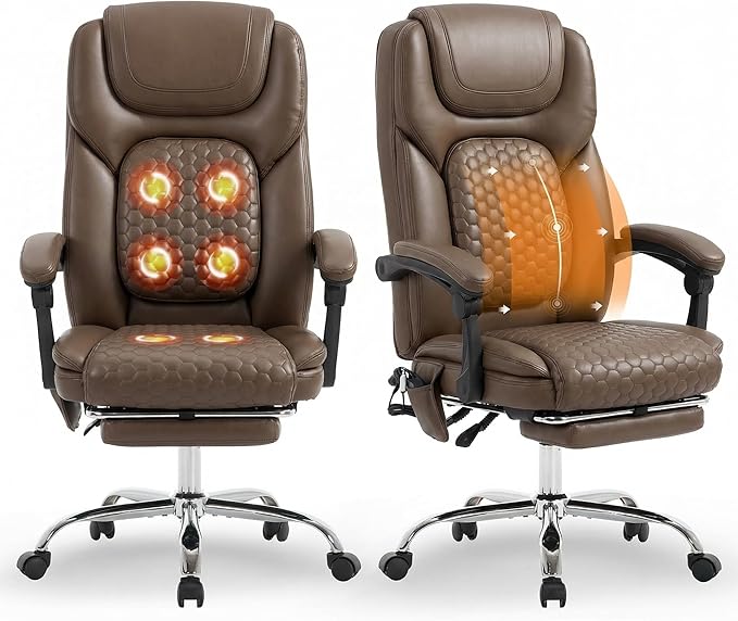 Massage Office Chair Set of 2 with 3-Level Heat and Footrest – 20-Min Easy Assembly, 300 lbs Big and Tall Desk Chair, PU Leather Ergonomic Executive Computer Chair with Side Pocket, Brown