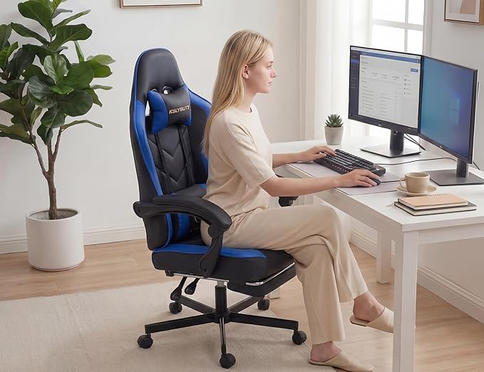 Office Chair Breathable Leather with Pocket Spring Cushion, Wide and High Ergonomic Computer Gaming Chair with Headrest and Footrest for Adult, Black and Blue