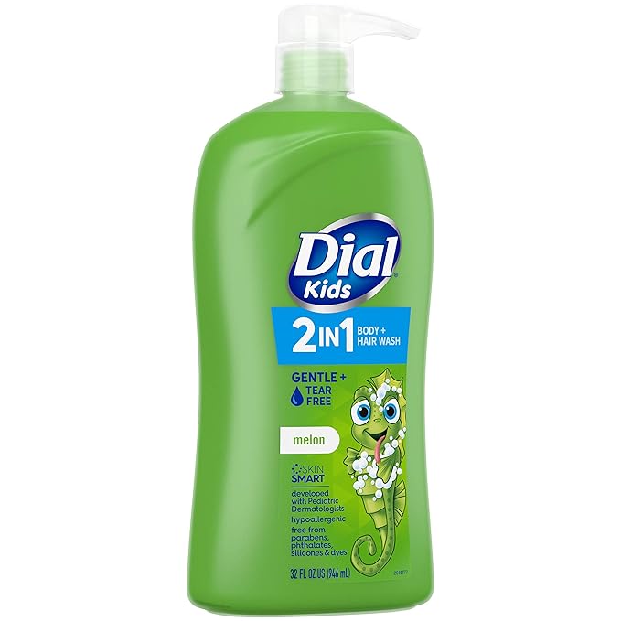 Dial Kids All-in-1 Body Wash + Hair + Bubble Bath, Melon Scent, 32 Fl Oz, Hypoallergenic Body Wash & Shampoo, No Tears Formula for Kids 2+ Years, No Parabens & Silicones (Pack of 2)