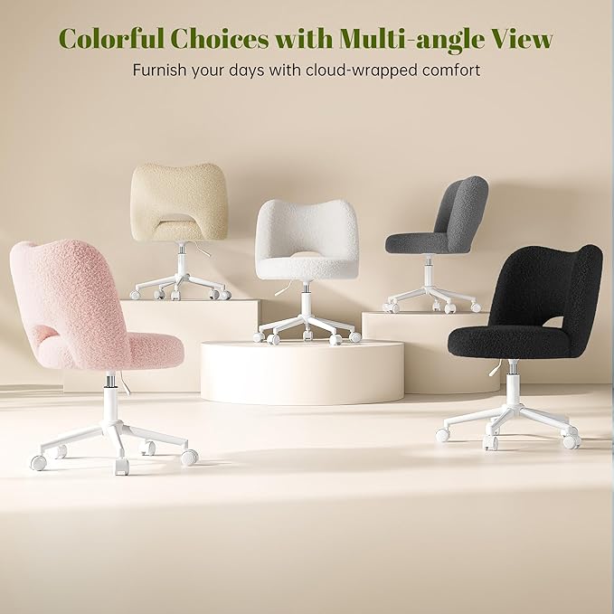Vanity Chair with Wheels Armless, Cute Vanity Chair with Back,Ultra-Plush Fleece Cute Desk Chair, Small Office Chair Height Adjustable,for Make-up Room,Bedroom,Grey