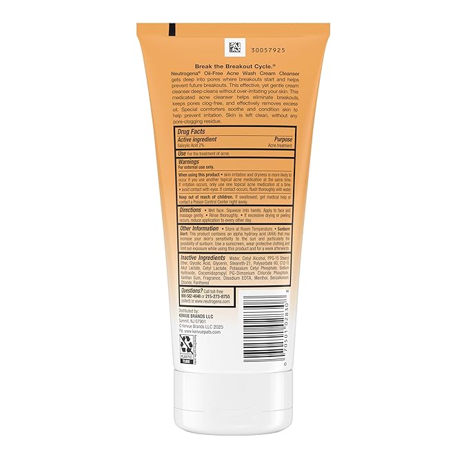 Neutrogena Oil-Free Acne Face Wash Cream Cleanser, 2% Salicylic Acid Acne Treatment, Daily Facial Cleanser for Acne-Prone Skin, 6.7 fl. oz