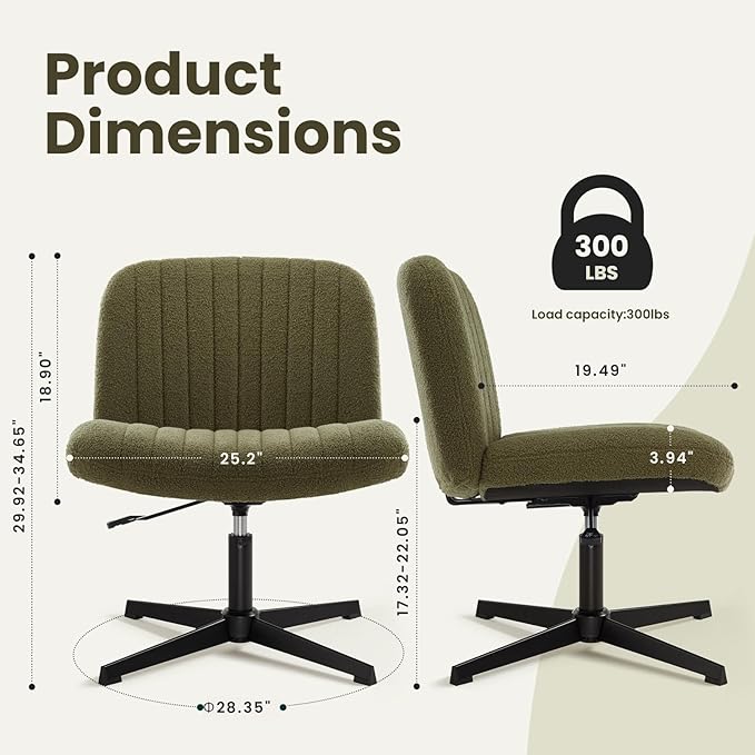 IWMH Criss Cross Velvet Armless Wide Office Chair - No Wheels, Cross Legged with Adjustable Height, Wide Seat, Desk Chair for Home, Office, Bedroom (Green)