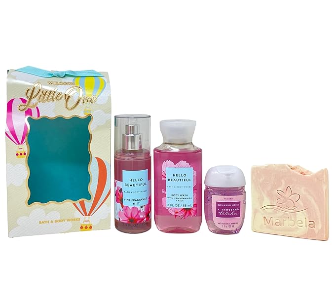 Bath & Body Works Hello Beautiful - Welcome Little One Gift Bag Set - Fragrance Mist, Body Wash and Hand Gel - with a Himalayan Salts Springs Sample Soap - Travel Size