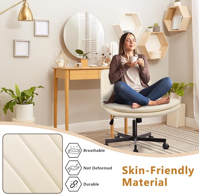 Criss Cross Chair with Wheels, Cross Legged Office Vanity Chair with Wheels, Comfortable Beige Vanity Stool with Back, PU Leather Armless Wide Swivel Criss Cross Desk Chair for Home Office