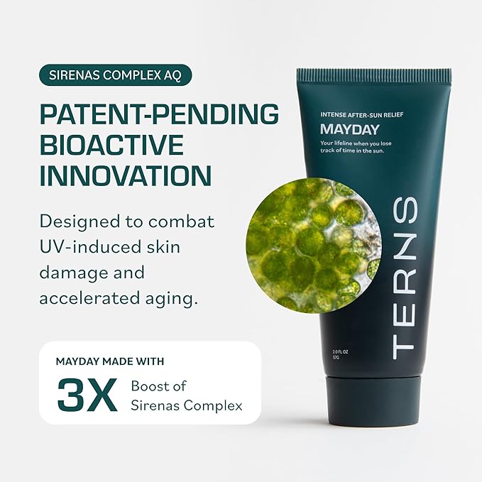 TERNS Mayday Intensive After Sun Gel Cream, Cooling Skin Care for Sunburn Relief, 3X Marine Bioactive Complex with Niacinamide, Squalane, Shea Butter & Aloe, Travel Size, Fragrance Free, 2 Fl Oz