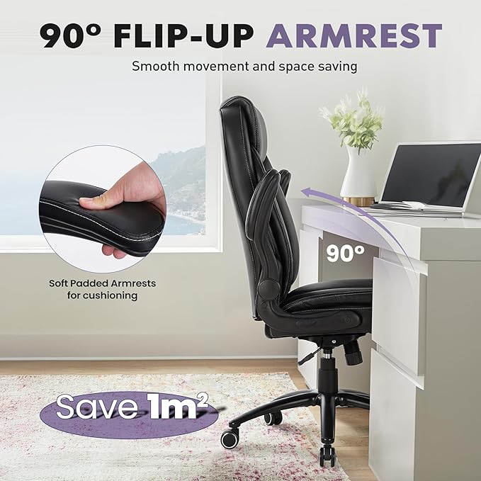 Ergonomic PU Leather Office Chair with Flip-Up Armrests & Reclining Backrest, 300lbs Thick Padded Seat Executive Desk Chair-Adjustable Height & Tilt Tension, Brown, Black