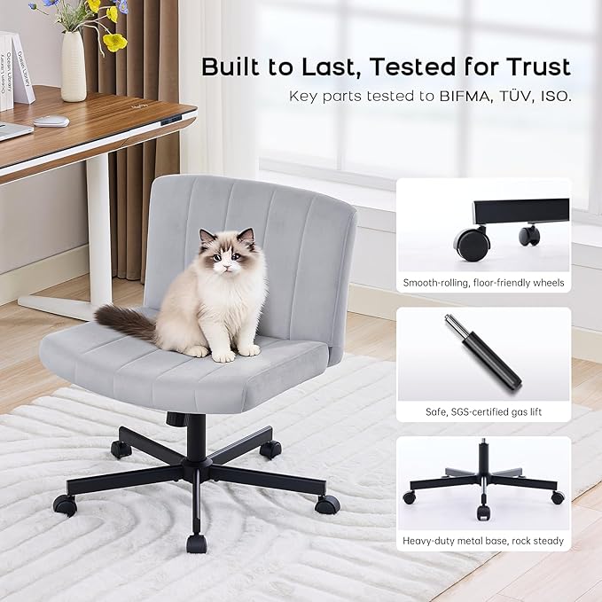 LukkDys Criss Cross Chair with Wheels, Wide Cross Legged Desk Chair, Comfy Fabric Vanity Chair for Home Office Bedroom, Adjustable Armless Swivel Task Chair with 90–115° Tilt, Gray