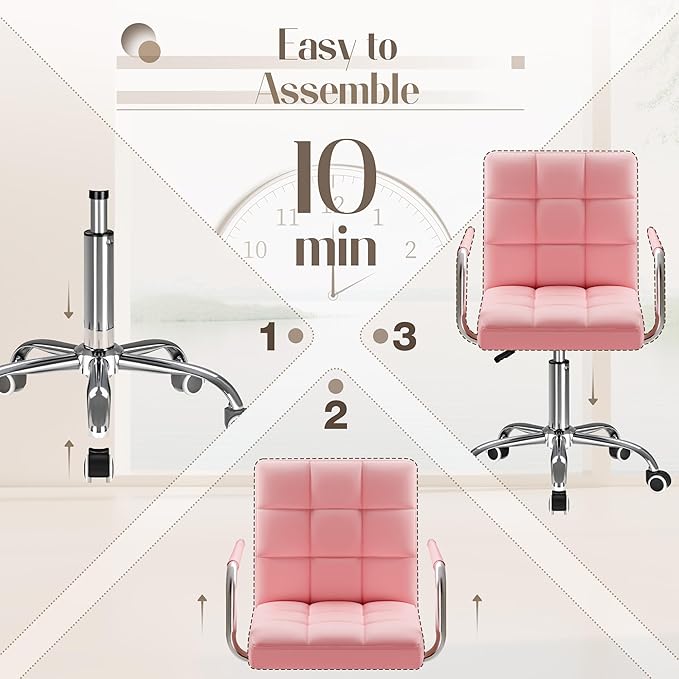Furmax Vanity Office Chair with Wheels,Makeup PU Leather Executive Chair Modern Adjustable Home Desk Retro Comfortable Work Chair 360 Degree Swivel with Arms (Pink)