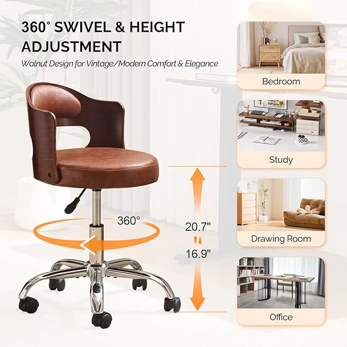 VINGLI Armless Home Office Desk Chair, Adjustable Swivel Chair,Dual-Use with/no Wheels,Small Retro Designed Walnut Curved Task Chair,Cushioned Nail Tech Chair for Study Area,Workspace,PU,Brown