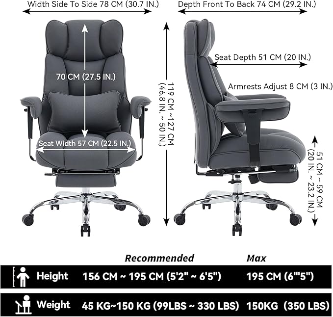 Efomao Big and Tall Office Chair with Footrest - Breathable Mesh Executive Chair, Heavy Duty Computer Desk Chair for Home Office, Ergonomic Lumbar Support & Reclining Mesh Gaming Chair, Bluegrey