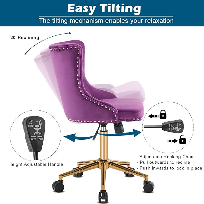 VINGLI Dark Purple Armless Home Office Desk Chair with Gold Base/Wheels, Small Cute Vanity/Makeup Chair with Back for Bedroom, Upholstered Adjustable Rolling Swivel Nail Chair for Women/Girls