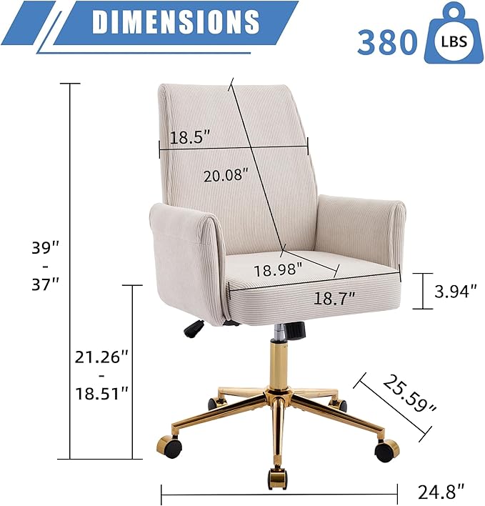 Striped Velvet Office Chair, 360° Swivel Ergonomic Task Chair with High Back, Gold Base and Wheels, Height Adjustable Modern Accent Chair for Home Office, Living Room, Study, Vanity Room (Cream)