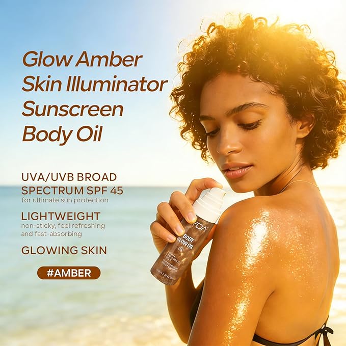 KYDA Travel Size Sunscreen,SPF 45 Sunscreen Spf Body Oil with Gold Mica, Sun-kissed Glow Skin Illuminator, Moisturizing Coconuts Summer Sunscreen, Water Resistant, 3.38 fl oz, AMBER