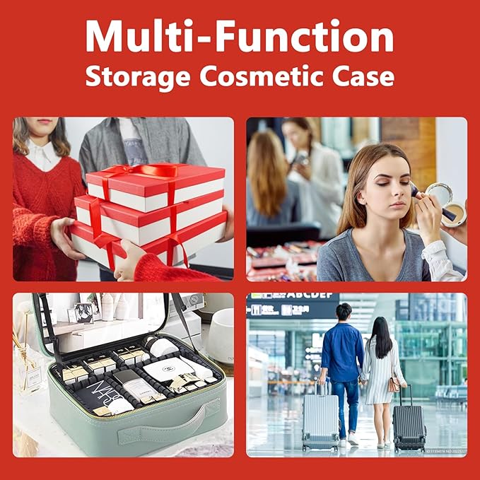 Makeup Bag with Led Mirror,Large Vanity Makeup Cases with 3 Color Setting,Portable Storage and Adjustable Dividers,for Women and Makeup Artists Cosmetic Organizer Travel Makeup Bag-Red