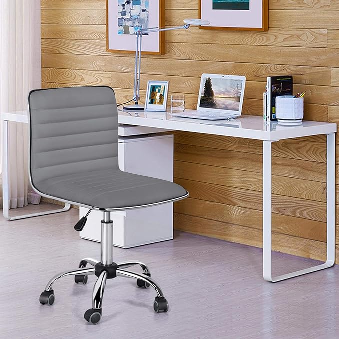 Yaheetech PU Leather Ribbed Armless Task Office Chair, Adjustable Low Back Executive Chair with Wheels Gray
