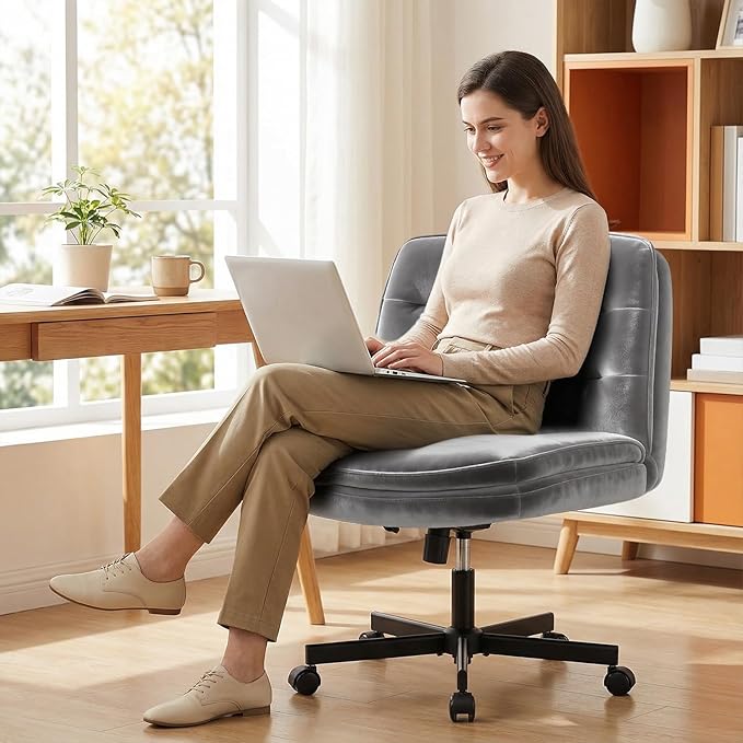 GTPLAYER Cross Legged Office Chair, Armless Desk Chair Cute Vanity Chair with Wheels Computer Chair Comfy Wide Office Chair Adjustable Swivel for Home Computer Task,Soft Velvet, Grey