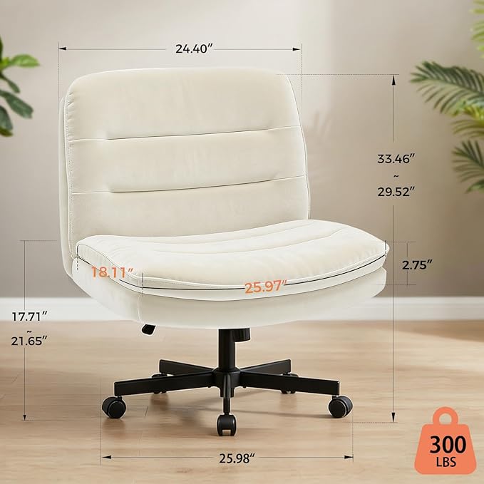 GTPLAYER Cross Legged Office Chair, Armless Desk Chair Cute Vanity Chair with Wheels Computer Chair Comfy Wide Office Chair Adjustable Swivel for Home Computer Task, Soft Velvet, Beige