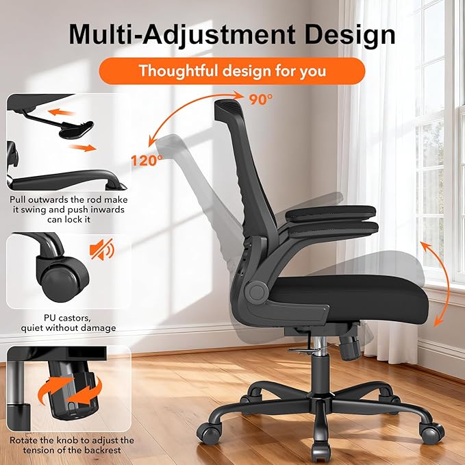 Ergonomic Office Chair – Comfy Mesh Desk Chair with Flip-Up Armrests & Silent Wheels, Adjustable Height Home Computer Chair, Breathable & Supportive for Long Hours Sitting