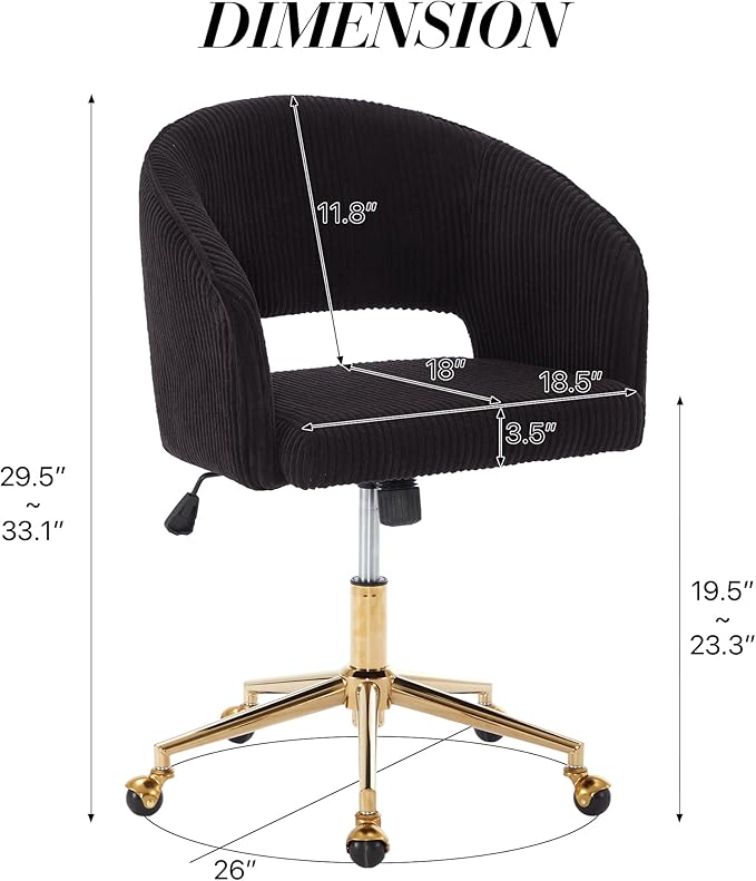 Home Office Chair Swivel Corduroy Fabric Desk Chair Accent Armchair Upholstered Modern Tufted Chairs with Gold Base for Girls Women Ergonomic Study Seat Computer Task Stools for Living Room(Black)