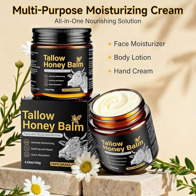 Beef Tallow for Skin,Face,Body - Handmade Whipped Tallow Face Moisturizer& Tallow Balm with 100% Grass-Fed Beef Tallow & Raw Honey,Narural Organic Tallow and honey balm for Men&Women,Unscented,4.23OZ