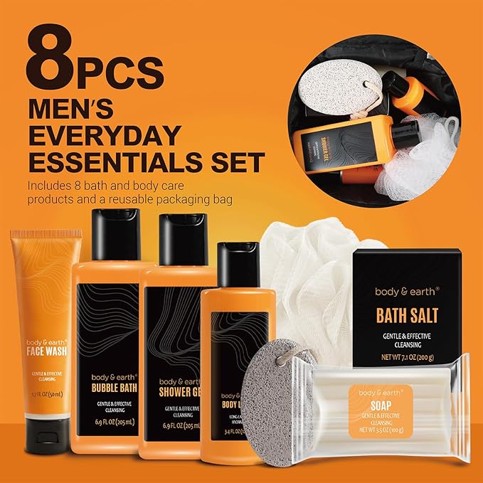 Gift Baskets for Men Bath Set Citrus Scented Mens Gift Sets with Face Wash, Shower Gel, Body Lotion, Bubble Bath, Loofah, Birthday Gift for Men, Christmas Gift for Men, Father's Day Gifts