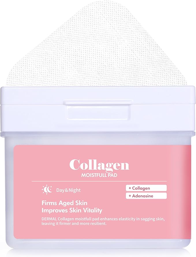 DERMAL Collagen Moistfull Lifting Toner Pad 120 Count Bulk, Korean Anti Aging Firming Pad with 10 Collagen Types and 3 Peptides, 300 Dalton Low Molecular, Large Vegan Tencel Square Pad with Tongs