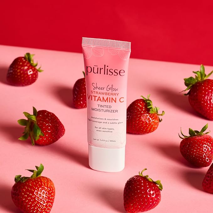 pürlisse Sheer Glow Strawberry Vitamin C Tinted Moisturizer - Skin Tint Moisturizer Enriched with Antioxidants to Even Complexion - Dewy Light Coverage for All Skin Types - Tan Deep (1.4 oz)