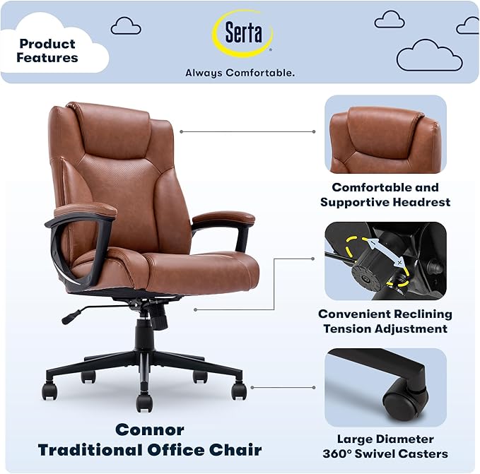 Serta Connor Executive Office Chair, Ergonomic Computer Chair with Layered Body Pillows, Contoured Lumbar, Adjustable Seat Height, Bonded Leather, Cognac