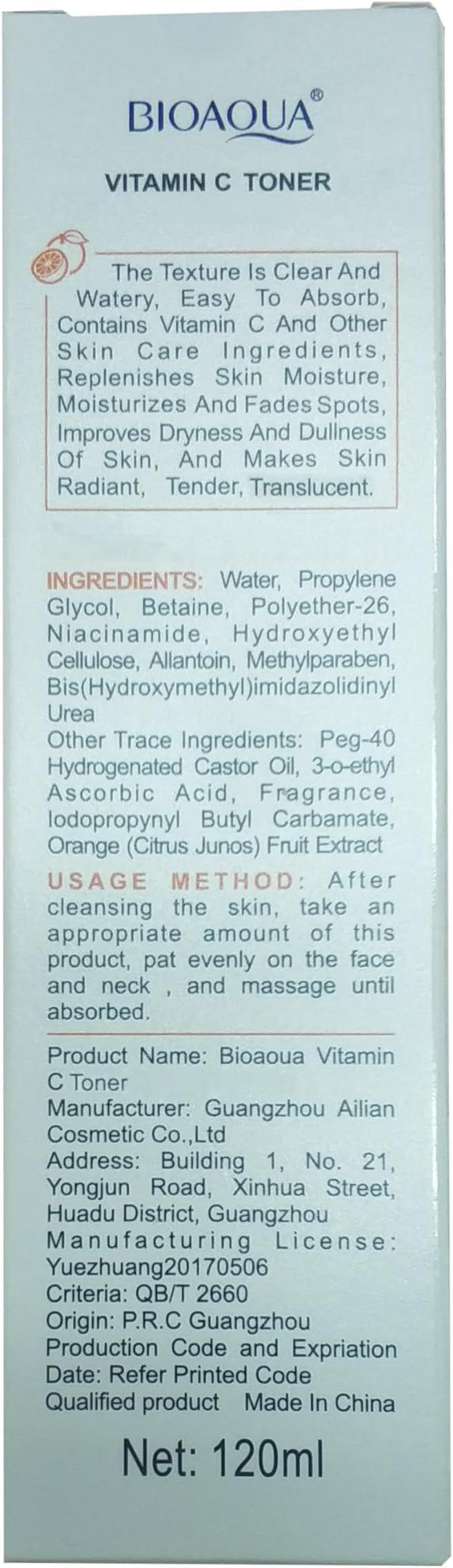 BIOAQUA Vitamin C Potent Nourish Skin Face Toner Orange Extract Moisturizing Hydrating Facial Skin Care 120ml / 4.23fl.oz
