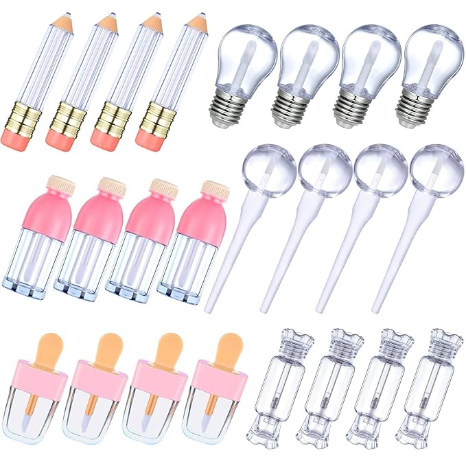 24 Pieces Novelty Empty Lip Gloss Tubes Bulk, Ice Cream and Funny Light Bulb Shaped Lipstick Balm Tube, Creative Lollipop Shape, Bottle and Candy Lipstick Glaze Tube, Pencil Lip Oil Bottles, 6 Styles