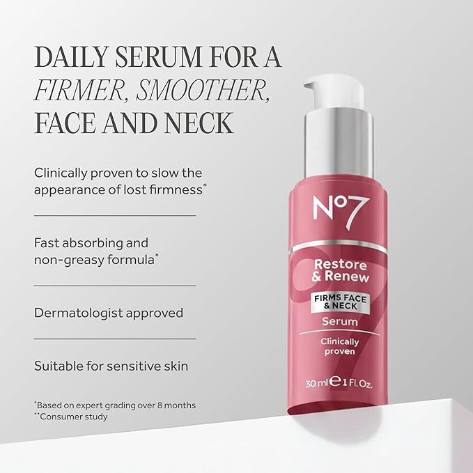No7 Restore & Renew Multi-Action Face & Neck Serum - Anti Aging Serum for Deep Wrinkle Repair - Collagen Infused Skincare with a Hydrating Blend of Hibiscus Peptides & Hyaluronic Acid (1 fl oz)