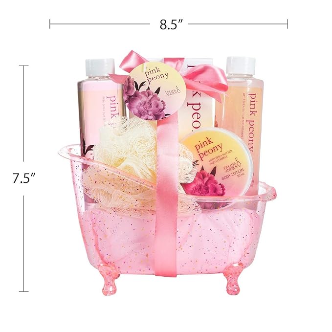 Home Spa Gift Basket Peony Spa Set For Women, Contains Shower Gel, Bubble Bath, Body Lotion, Peony Bath Salt & Puff in a Pink Feminine Tub – Mother's Day Gift for Mom
