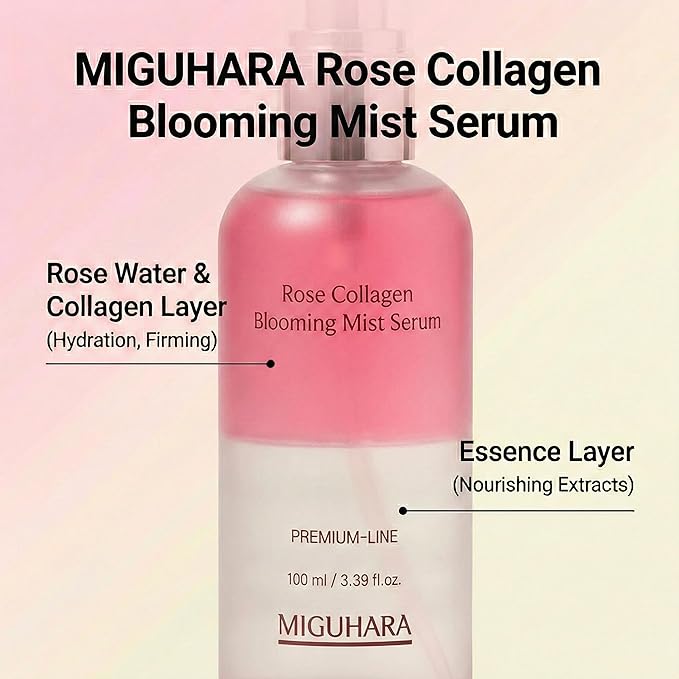 MIGUHARA Rose Collagen Blooming Mist Serum, Hydrating Facial Spray with Rose Damascena Flower Water, 3.38 fl.oz/100ml
