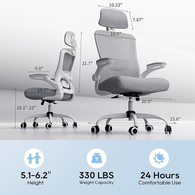 Ergonomic Office Chair, High Back Mesh Desk Chair with Adjustable Lumbar Support & Headrest, Flip-up Armrest, Computer Task Chairs for Home and Executive Office (G-Grey)