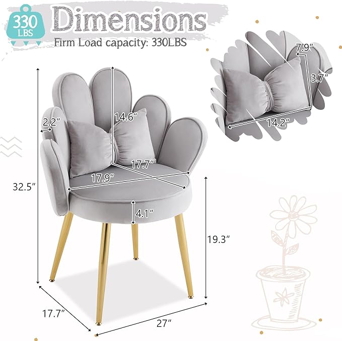 VINGLI Petal Makeup Vanity Chair with Back,Flower Cute Girls Desk Chair Comfy No Wheels,Modern Dining Chair,Small Accent Chair with Adustable Gold Legs&Bow Pillow for Home Office,Bedroom,Velvet,Grey