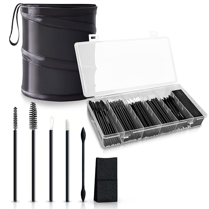 OrKo Disposable Makeup Applicator Kit with Spatulas, Lip Applicators, Eyeliner Brushes, Sponge, Eye Brow & Mascara Brush Includes Portable Collapsible Trash Bin Ideal for Makeup Artist